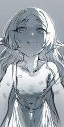 1girl 1girls blush blush_lines blushing blushing_at_viewer collarbone elf elf_ears elf_female female female_focus flat_chest flat_chested frieren frieren_beyond_journey's_end from_below greyscale hews_hack kiss_mark kiss_marks lipstick_mark lipstick_mark_on_chest long_hair nightgown nipples pointy_ears puffy_nipples sketch small_breasts smile smile_at_viewer solo_female sweat sweatdrop thick_eyebrows thick_thighs white_hair