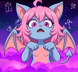 1boy 1femboy accurate_art_style ai_generated ankha_zone ankha_zone_(meme) bat bat_wings constellation constellations crossed_arms digital_media_(artwork) digital_painting_(artwork) from_behind half_body light_blue_skin light_pink_hair looking_at_viewer mammal manoloalejo_(artist) meme meme_reference naked_femboy naked_male neon_eyes neon_lights no_genitals nude_femboy nude_male okami23_(artist) open_mouth parody paw_pose reference shortstack succubus_tail terry_bat
