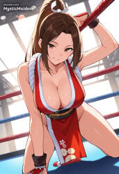 1girl ai_generated anime anime_style arm_guards arm_up bare_shoulders breasts brown_eyes brown_hair capcom cleavage collarbone fatal_fury fatal_fury:_city_of_the_wolves fatal_fury_2 fatal_fury_the_motion_picture hentai hi_res high_ponytail holding japanese_clothes king_of_fighters kneeling large_breasts long_hair looking_at_viewer mai_shiranui mystic_maidens ninja obi parted_bangs parted_lips patreon pelvic_curtain ponytail revealing_clothes rope sash smile snk solo street_fighter street_fighter_6 thighs