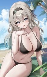 1girls alternate_version_available beach bikini blush breasts cleavage cloud coconut female_focus female_only firefly_(honkai:_star_rail) gradient_eyes gradient_hair headband honkai:_star_rail large_breasts long_hair looking_at_viewer lunacle ocean open_mouth open_smile palm_tree silver_hair sky smiling smiling_at_viewer solo solo_female swimsuit water
