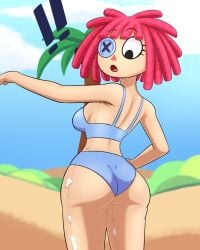 ass beach blinkerbye breasts button_eye doll_girl glitch_productions gooseworx looking_over_shoulder overstuffed ragatha ragatha_(beach_outfit) ragatha_(tadc) ragatha_(the_amazing_digital_circus) ragdoll red-haired_female red_hair ripped_seam seams shocked_expression stitches stuffing swimsuit tagme the_amazing_digital_circus