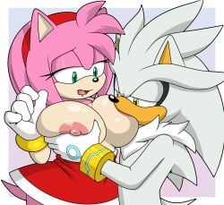 1boy 1girls amy_rose breast_grab breast_squeeze female hedgehog large_breasts male sega silver_the_hedgehog sonic_the_hedgehog_(series) sonicguru sucking_tits suckle