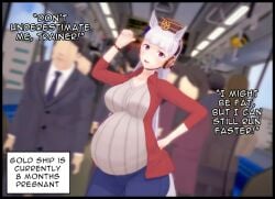 big_breasts clothed cygames gold_ship_(umamusume) hand_on_hip hat horse_ears horse_tail maikatz14 pointing_at_self pregnancy pregnant pregnant_belly pregnant_female speaking text thick_thighs train train_interior umamusume umamusume_pretty_derby