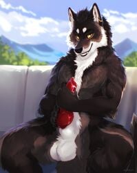 animal_genitalia animal_penis anthro balls black_body black_claws black_fur black_hair black_nose canid canine canine_genitalia canine_penis canis claws day ear_piercing erection fangs fur genitals hair hi_res holding_knot holding_own_knot holding_own_penis holding_penis kinsheph knot knotted_penis looking_at_viewer male mammal nude outside penis piercing red_penis sheath sitting sky smile snout solo spread_legs spreading tail teeth white_body white_fur wolf yellow_eyes yellow_sclera