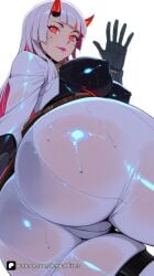 1girl activision ai_generated artist_name ass ass_focus bangs black_gloves blizzard_entertainment blunt_bangs bodysuit breasts cameltoe covered_nipples from_below gloves glowing horns large_breasts lips long_hair looking_at_viewer looking_back looking_down mole mole_under_eye multicolored_hair overwatch overwatch_2 pants patreon questionable red_eyes senpai_pixels shiny shiny_clothes shion shion_(overwatch) simple_background skin_tight smile solo sweat thighs tight wet white_background white_hair
