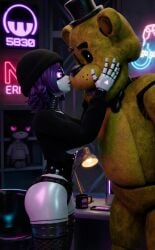 3d crossover five_nights_at_freddy's fnaf glitch_productions golden_freddy_(fnaf) kissing murder_drones straight uzi_(murder_drones) uzi_doorman