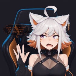 1girl 1girls ahoge ai_generated animal_ears annoyed cleavage clothed demenishki english_text fangs gaming_chair hand_sign livestream medium_breasts motion_lines multicolored_hair open_mouth pink_eyes purple_eyes solo streamer streaming text thought_bubble virtual_youtuber vtuber