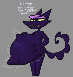 ambiguous_species anthro bedroom_eyes belly belly_grab big_belly dialogue english_text glistening glistening_belly male marsh_(zeropaint) narrowed_eyes netherbunz seductive sharp_teeth smug_pred solo struggling struggling_prey tail teeth text vore