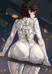 1girls 2d ass blush brown_hair bubble_butt evie_(stellar_blade) fat_pussy huge_ass looking_back shift_up short_hair stellar_blade stellar_blade:_blood_rain tagme tomboy white_plugsuit