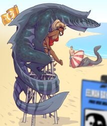 1boy 1girls ambiguous_penetration background background_characters background_sex beach big_breasts blonde_hair color colored detailed_background gills implied_penetration implied_sex larger_male lifeguard lifeguard_swimsuit lluisabadias monster monster_boy monster_sex monsterfucker monsterfucking original original_character original_characters ponytail public public_sex sharp_teeth size_difference smaller_male stomach_bulge sunglasses tail tan-skinned_female tan_skin teratophilia