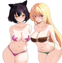 2girls ahoge black_hair blake_belladonna blonde_hair cat_ears gatlas lavender_eyes rwby yang_xiao_long yellow_eyes