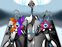 4:3 accessory alien ambiguous_gender anthro big_breasts black_latex blue_body blue_fur bodily_fluids breasts clothing cock_ring condom condom_suit dildo drooling ejaculation female filled_condom fur gem glistening glistening_body grey_body group hair hi_res j8-bit_(cakebatterbossmonster) jewelry latex latex_clothing latex_skinsuit long_hair male mammal mind_control nonbinary_(lore) orange_body orange_fur orange_hair penis_accessory penis_jewelry pink_hair purple_hair saliva sex_toy sexual_barrier_device sillyseacreatur simple_background skinsuit small_waist smile spiral spiral_eyes suit telekinesis tight_clothing tongue tongue_out trio vacuum_bed white_body white_fur