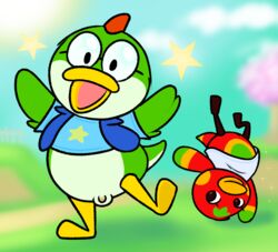 anatid animal_crossing anseriform anthro avian balls bird blurred_background bottomless clothed clothing cloud duck duo eyelashes feathers female flaccid genitals grass happy headstand hybrid jacket ketchup_(animal_crossing) male mario_(series) nintendo nishi_oxnard on_one_leg open_mouth open_smile outside penis plant pose pussy shirt sky small_balls small_penis smile standing star topwear video_games yosh-e-o yoshi