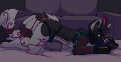 ailurid animal_mask anthro arm_markings black_body black_fur black_hair black_nose bodily_fluids bulge clothing dark_body dark_fur facial_markings feet felid foot_markings fur furniture genital_fluids grey_body grey_fur grey_markings grinding hair head_markings heterochromia horn hybrid jockstrap leg_markings long_tail male mammal markings mask masturbation multicolored_body pantherine paw_mitts phoenyx_(eclipse_the_panther) pillow pillow_humping precum pup_mask purple_eyes red_eyes red_panda skylardoodles sniffing sniffing_clothes sofa solo tail tail_markings two_tone_body underwear underwear_sniffing