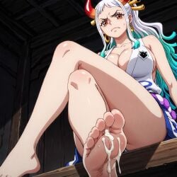 1girl 1girls ai_generated barefoot big_breasts breasts cleavage disgusted feet feet_focus female female_only foot_fetish haremoverlord legs_crossed one_piece soles thick_thighs thighs yamato_(one_piece)