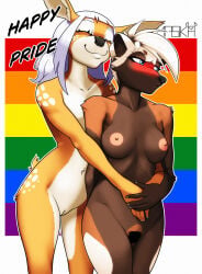anthro be_(masikadraws) bleached_hair blonde_hair blue_eyes blue_hair blush blushing_profusely breasts brown_body brown_fur countershading deer duo ear_tuft female female/female fur fur_markings genitals gulonine hair hairy_vulva hi_res hug jenny_(masikadraws) lgbt_pride lgbt_pride_month love mammal markings masikadraws mustelid musteline nipples orange_body orange_fur pouting pride_colors shaved_vulva smile tuft tufted_fur vulva wolverine