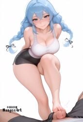 1boy 1girl ahoge ai_generated arms_behind_back artist_name bangs bare_shoulders barefoot black_ribbon black_shorts blue_eyes blue_hair blush braid breasts cleavage closed_mouth collarbone crossed_bangs explicit feet footjob hair_between_eyes hair_ribbon hetero large_breasts legs long_hair looking_at_viewer mushoku_tensei mushoku_tensei:_isekai_ittara_honki_dasu nuageeart penis ribbon roxy_migurdia shirt shorts simple_background sleeveless sleeveless_shirt smile solo_focus tank_top thighs toes twin_braids twintails uncensored white_background