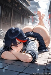 1girl ai_assisted ai_generated artist_name ass barefoot black_hair blue_eyes blush breasts building city curvaceous curvy curvy_female curvy_figure day feet female kill_la_kill looking_at_viewer matoi_ryuuko miniskirt miyuai multicolored_hair panties pleated_skirt red_hair school_uniform serafuku shiny shiny_skin short_hair skirt smile solo streaked_hair thick thick_ass thick_butt thick_hips thick_legs thick_thighs thong toes two-tone_hair underwear voluptuous voluptuous_female wide_hips wide_thighs