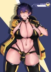 1girl between_breasts black_bra black_choker black_gloves black_panties black_shorts black_thighhighs blonde_hair blue_background blue_hair blush bra breasts character_name choker cleavage earrings embarrassed finger_to_mouth fingerless_gloves frown gloves hair_ornament hairclip highleg highleg_panties huge_breasts jacket jewelry last_origin micro_shorts mole mole_on_stomach mole_under_mouth multicolored_hair navel open_clothes open_jacket open_mouth panties pointing pointing_down renfura short_hair shorts skindentation solo standing sterling_(last_origin) thick_thighs thighhighs thighs tomboy underwear wide_hips yellow_eyes yellow_jacket