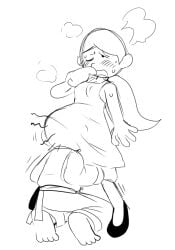 barefoot black_shoes blush breath_cloud cunnilingus cunnilingus_in_skirt doodle erect_nipples_under_clothes grabbing grabbing_legs karate_gi karate_joe mob_face monochrome oral ponytail rhythm_heaven simple squatting straight sweat temorinki_(artist) yuka_(rhythm_tengoku)