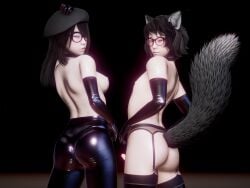1femboy 1femboy1girl 1girl 3d back_towards_viewer beret black_hair blue_eyes cat_ears choker female femboy fox_tail furry_femboy glasses hair_over_one_eye hand_on_own_head honey_select_2 latex latex_gloves latex_leggings looking_at_viewer medium_breasts original_character penis sanae_(sauce_dip) sauce_dip saucy_(sauce_dip) topless
