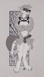 2024 4_toes absurd_res anthro balls black_balls black_lips black_penis blue_claws blue_eyes canid canine canis chest_harness claws cole_canine crossed_arms digitigrade domestic_dog english_text fangs feet fur genital_piercing genitals grey_body grey_fur harness hi_res husky leather lips male mammal muscular muscular_male nordic_sled_dog nude_anthro penis penis_piercing piercing prince_albert_piercing smile smiling_at_viewer solo spitz teeth terribleanimal text toes yellow_sclera