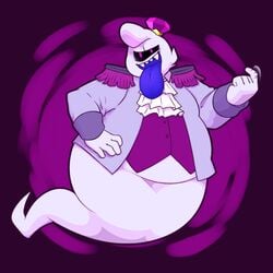 1:1 absurd_res ambiguous_gender anthro arachnymph beckoning boo_(mario) clothing crown fangs gesture ghost hand_on_hip head_tuft hi_res king_boo looking_at_viewer luigi's_mansion mario_(series) nintendo purple_background purple_clothing purple_shirt purple_topwear shirt shoulder_pads simple_background solo spirit suit teeth tongue tongue_out topwear tuft video_games