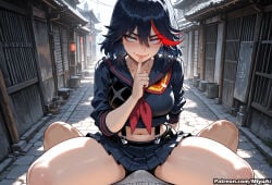 1girl ai_assisted ai_generated black_hair black_skirt blue_eyes blush breasts building crop_top curvaceous curvy curvy_female curvy_figure female finger_to_mouth gloves hand_up index_finger_raised indoors kill_la_kill looking_at_viewer matoi_ryuuko midriff miniskirt miyuai multicolored_hair navel pleated_skirt railing red_hair school_uniform serafuku short_hair shushing single_glove sitting skirt smile solo streaked_hair sunlight thick thick_ass thick_butt thick_hips thick_legs thick_thighs thighs voluptuous voluptuous_female watermark wide_hips wide_thighs