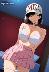 1girl ai_generated anime anime_style arms_behind_back artist_name ass_visible_through_thighs baseball_cap black_choker black_hair bouryoku_banzai bra breasts brown_eyes choker cleavage closed_mouth collarbone cowboy_shot hat hentai hi_res indoors large_breasts looking_at_viewer miniskirt miu_(bouryoku_banzai) mystic_maidens panties panty_pull patreon patreon_username pillow pink_skirt pleated_skirt pussy short_hair skirt smile solo standing star_(symbol) thigh_gap underwear white_bra white_headwear white_panties