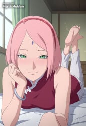 1girl ai_generated anime anime_style barefoot blush boruto boruto:_naruto_next_generations bracelet breasts closed_mouth facial_mark feet forehead_mark green_eyes hairband haruno_sakura hentai hi_res indoors jewelry looking_at_viewer lying medium_breasts mystic_maidens naruto naruto_(classic) naruto_(series) naruto_shippuden on_bed on_stomach pants patreon pink_hair red_hairband red_shirt sakura_haruno shirt short_hair sleeveless smile soles solo the_pose toes white_pants window