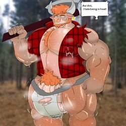 2020 anthro axe beard big_bulge big_muscles big_pecs bodily_fluids body_hair bovid bovine bulge cal_(candybot) cattle chest_hair clothed clothing dialogue ear_piercing english_text facial_hair facial_piercing genital_fluids hair horn in_heat local_candybot lumberjack male male_focus male_only mammal melee_weapon muscular muscular_anthro muscular_male navel nipple_outline nose_piercing nose_ring open_clothing open_shirt open_topwear pecs piercing precum precum_through_clothing precum_through_underwear profanity pubes shirt solo standing sweat text topwear torn_underwear underwear weapon wet wet_clothing