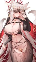 animal_ears blush breasts cleavage cross dress fox_ears fox_girl fox_tail grey_hair hair_ornament halo large_breasts long_hair long_sleeves maebari navel original red_eyes revealing_clothes solo sora_72-iro tail veil