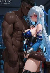 1boy 1girl abs ai_generated bangs bare_shoulders black_gloves black_hair black_thighhighs blue_dress blue_sleeves blush breasts bridal_gauntlets closed_mouth clothed_female_nude_male clothing dark-skinned_male dark_skin detached_sleeves dress erection faceless faceless_male female from_side girthy_penis gloves handjob hetero high_ponytail honkai:_star_rail huge_penis huge_testicles interracial jingliu_(honkai:_star_rail) large_breasts large_penis large_testicles light_blue_hair long_hair long_sleeves looking_at_viewer male manly muscle muscular muscular_male nipples nude penis penis_grab ponytail pubic_hair red_eyes short_hair sidelocks smile sweat testicles thick_thighs thighhighs thighs vantawaifu veins veiny_penis very_dark_skin white_hair