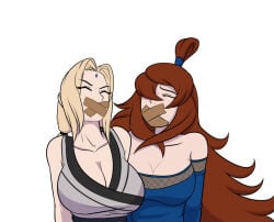 2girls big_breasts blonde_hair blue_dress busty busty_female captured cleavage closed_eyes defeated defeated_heroine gag grey_kimono kunoichi mei_terumi naruto_(series) red_hair tape_gag taped_mouth tsunade