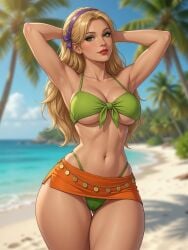 1girls ai_generated alternate_art_style armpit_crease armpits arms_behind_head athletic_female beach belly_button bikini blonde_female blonde_hair blurry_background cameltoe cleavage different_artstyle eyelashes eyeshadow female_only front-tie_bikini_top green_bikini green_eyes grok hairband hourglass_figure light-skinned_female lipstick long_hair looking_at_viewer loose_hair medium_breasts micro_bikini midriff mini_skirt narrow_waist ocean ocean_background outline palm_leaf palm_tree revealing_clothes rgomez007 seductive_look semirealistic skindentation slight_smile solo_female stella_(winx_club) swimsuit thick_thighs tropical underboob waist_chain warm_lighting wide_hips winx_club