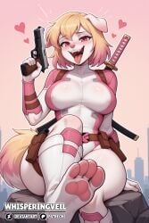 1girls 2026 4_toes 5_fingers ai_generated anthro artist_name bedroom_eyes belt big_breasts blonde_hair blush blush_lines blushing bob_cut boots breasts busty canid canine canis child_bearing_hips curvaceous curvy curvy_body curvy_female curvy_figure deviantart_logo dog dog_ears dog_girl dog_tail domestic_dog eyelashes feet female female_focus female_only floppy_ears fluffy_tail furrification furry gwen_poole gwenpool gwenpool_(series) hearts_around_head hi_res highlights_(coloring) holding_gun holding_pistol holding_weapon holster huge_hips huge_thighs illustrious_(stable_diffusion) large_breasts leotard long_tail looking_at_viewer mammal marvel marvel_comics medium_hair narrowed_eyes outdoors outside patreon_logo pawpads pink_eyes pink_hair pink_highlights pistol ranged_weapon seductive seductive_look solo solo_focus stable_diffusion sword thick_thighs thunder_thighs toes two_tone_hair voluptuous voluptuous_anthro voluptuous_female watermark weapon whisperingveil white_body white_boots white_fur wide_hipped_anthro wide_hipped_female wide_hips