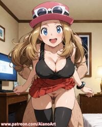 1boy 1girl ai_generated aianoart blue_eyes blush bracelet breasts cleavage clothed_female_nude_male clothed_sex collarbone covered_nipples eyewear_on_headwear hat hetero indoors jewelry large_breasts long_hair looking_at_viewer nude open_mouth pleated_skirt pokemon pubic_hair red_skirt serena_(pokemon) sex sex_from_behind skirt sleeveless smile solo_focus sunglasses thighhighs vaginal