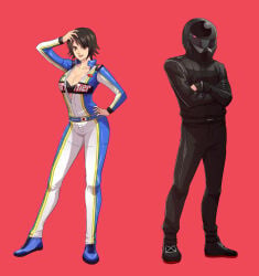 1boy 1girl asian asian_female big_breasts black_bra bra breasts british_broadcasting_corporation brown_eyes brown_hair center_opening cirenk cleavage collarbone japanese_female large_breasts namco r:_racing_evolution r:racing_evolution racing_driver racing_suit red_background rena_hayami short_hair smile sponsor the_stig top_gear underwear unzipped unzipped_bodysuit zipper zipper_down zipper_pull_tab
