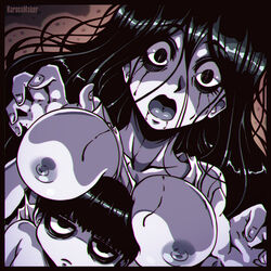 1boy 1girls 2021 bags_under_eyes between_breasts black_hair breasts creepy eye_bags female ghost ghost_girl grey_body grey_skin horror ju-on karosu-maker karosu_maker long_hair looking_at_viewer messy_hair mother_and_son nipples open_mouth pale_skin runny_makeup saeki_kayako saeki_toshio tagme the_grudge unaligned_breasts upper_body very_long_hair