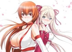 2girls aoiakira553 big_breasts blonde blonde-haired_female blonde_female blonde_hair blonde_hair_female blue_eyes breasts brown_eyes brown_hair cleavage dead_or_alive female kasumi_(doa) kunoichi large_breasts long_hair looking_at_viewer marie_rose multiple_girls ninja upper_body