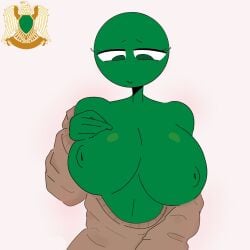 1girl big_breasts big_nipples blush countryhumans countryhumans_girl ethical_gooner half-dressed libya_(countryhumans) showing_breasts shy xx.canada.xx