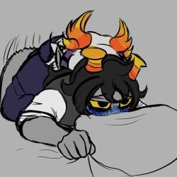 anal anal_sex blue_blush gay_sex grey_background grey_vest horns male male_only muffled_moaning no_ai oc oc_x_canon orange_horns pointy_ears purple_sweater racoon_tail white_hair white_skin yellow_eyes yellow_horns zebruh_codakk