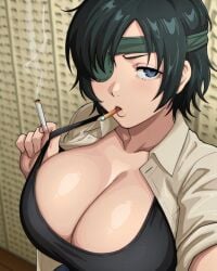 1girls ai_generated big_boobs big_breasts black_hair blue_eyes chainsaw_man cigarette curvy curvy_body curvy_female curvy_figure himeno_(chainsaw_man) huge_breasts kyoru189 large_breasts light-skinned_female light_skin looking_at_viewer mature_female one_eye_closed solo solo_female tank_top