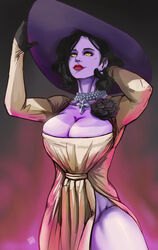 1girls alcina_dimitrescu breasts busty capcom cleavage clothed clothing corsage dress earrings feindall female fully_clothed giantess gloves hat hourglass_figure jewelry large_breasts mature mature_female mutant necklace red_lips red_lipstick resident_evil resident_evil_8:_village simple_background solo vampire wide_hips yellow_eyes