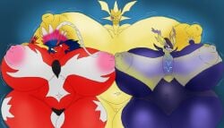 2024 7:4 ancient_pokemon anthro apex_build_koraidon areola belly big_belly big_breasts breasts digital_media_(artwork) dragon female future_pokemon generation_7_pokemon generation_9_pokemon genitals glowing group hand_on_breast hi_res huge_belly huge_breasts hyper koraidon legendary_pokemon lucy_(omega-macro) miraidon mythological_creature mythological_scalie mythology navel nintendo nipples nude omega-macro paradox_pokemon pink_areola pokemon pokemon_(species) pokemorph red_body scalie simple_background smile sofia_(omega-macro) teeth thick_thighs trio ultimate_mode_miraidon ultra_necrozma valeri_(omega-macro) vulva white_body wide_hips yellow_areola yellow_body