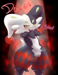 absurd_res anthro arched_back bodily_fluids bulge checkered checkered_background cheek_tuft degradation dupin_(pal) ebbandfloatzel english_text facial_tuft genitals grey_body hands_behind_back heart_symbol hi_res magician male mammal narrowed_eyes neon open_mouth pal_(species) palworld pattern_background penis pocketpair presenting presenting_balls presenting_penis simple_background smile smirk solo spotlight standing steam sweat teeth text thick_thighs thighs_spread tuft white_body wide_hips