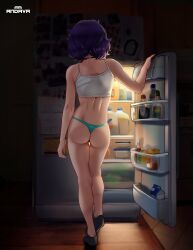 1girls absurd_res andava andavaverse ass choker clothing female female_only fridge medium_hair original panties pelo purple_hair rear_view socks solo tank_top