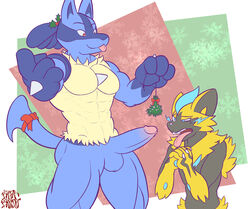 abs ahe_gao anthro balls biceps blue_body blue_fur duo erection fur genitals hi_res holly_(plant) humanoid_genitalia humanoid_penis legendary_pokémon looking_pleasured lucario male male/male mistletoe muscular muscular_male nintendo nude open_mouth pecs penis plant pokemon pokemon_(species) ribbons teeth thebarabandit tongue tongue_out video_games yellow_body yellow_fur zeraora