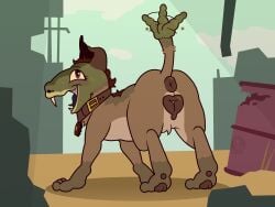3_toes 4:3 animal_genitalia animal_vulva anus beanwater bottle_cap brown_body brown_fur canine_genitalia canine_vulva collar desert fallout fangs feet female female_feral feral forked_tongue fur genitals green_body green_scales hi_res hybrid looking_at_viewer looking_back mane microsoft night_stalker_(fallout) post-apocalyptic puffy_anus raised_tail rattle_(anatomy) red_eyes ruins scales simple_background snake_eyes solo tail tail_anus teeth toes tongue vulva