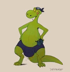 2026 20th_century_fox 3_toes allosaurid allosauroid allosaurus anthro balls balls_outline bare_shoulders belly big_balls big_penis biped blue_bottomwear blue_clothing blue_shorts bodily_fluids bottomwear bulge claws clothed clothing daftpatriot detailed_bulge dinosaur eek!_the_cat explosives feet fox_kids genital_outline genitals green_body grenade hand_on_hip hi_res kerchief licking licking_lips male nelvana partially_clothed penis penis_outline prehistoric_species reptile saliva saurischian scalie shorts signature simple_background smile snout solo squatt_(the_terrible_thunderlizards) standing sweat sweatdrop tail the_terrible_thunderlizards theropod thick_tail toes tongue tongue_out weapon wide_hips yellow_eyes